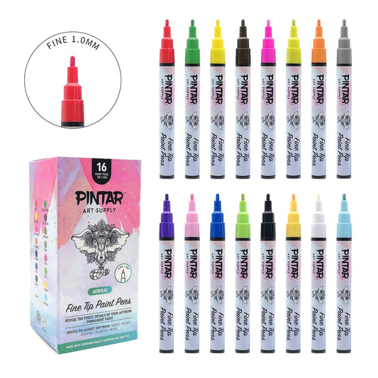 PINTAR Premium Acrylic Paint Pens - 1mm Fine Tip Pens For Rock Painting, Ceramic Glass, Wood, Paper, Fabric & Porcelain, Water Resistant Paint Set, Surface Pen, Craft Supplies, DIY Project (16 colours)