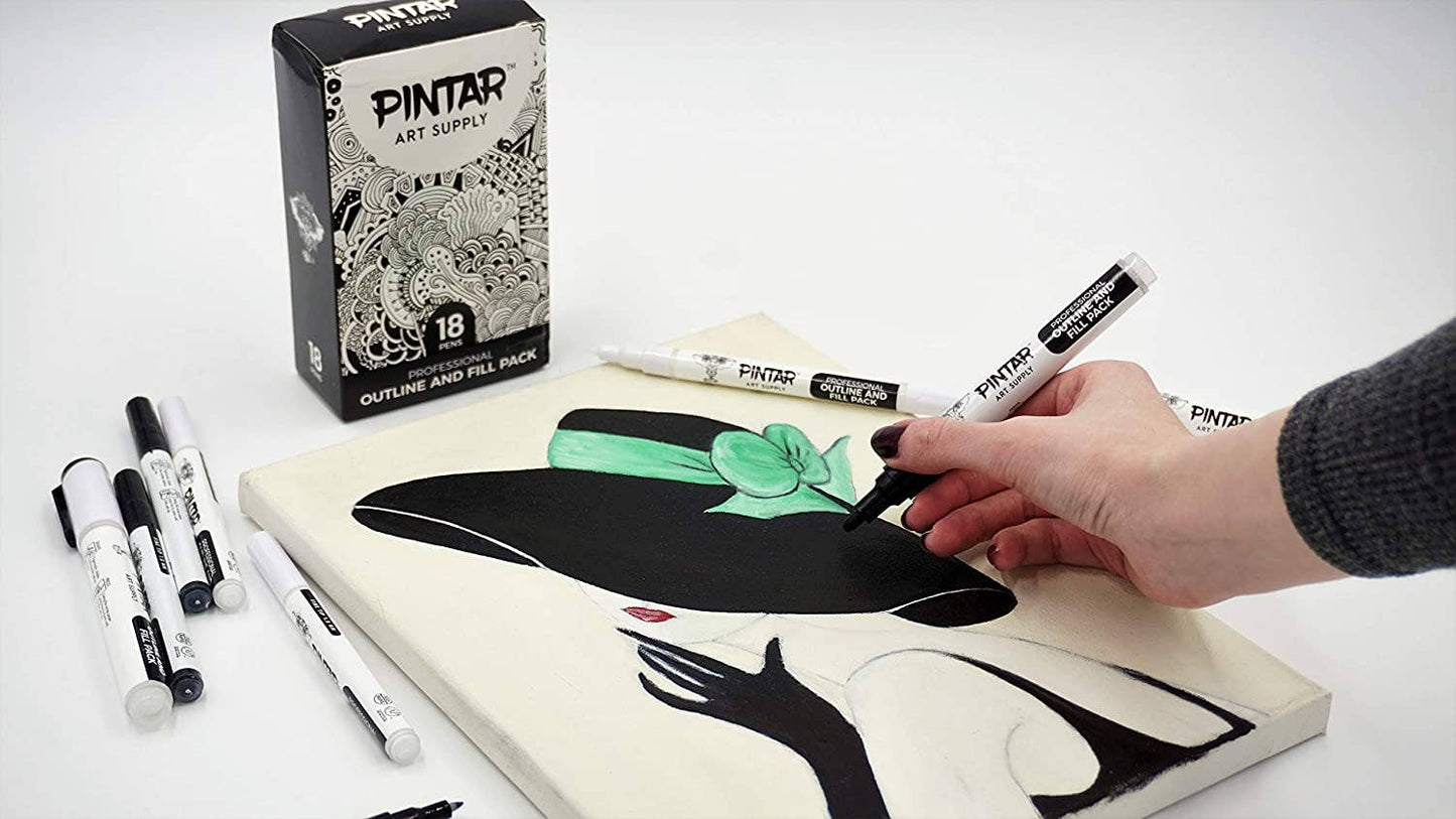 PINTAR Art Supply Professional Outline & Fill Pack - Set of 18 Black/White Paint Markers (6) 0.7mm (6) 1mm (6) 5mm Tips - Smooth-Flowing Japanese Ink