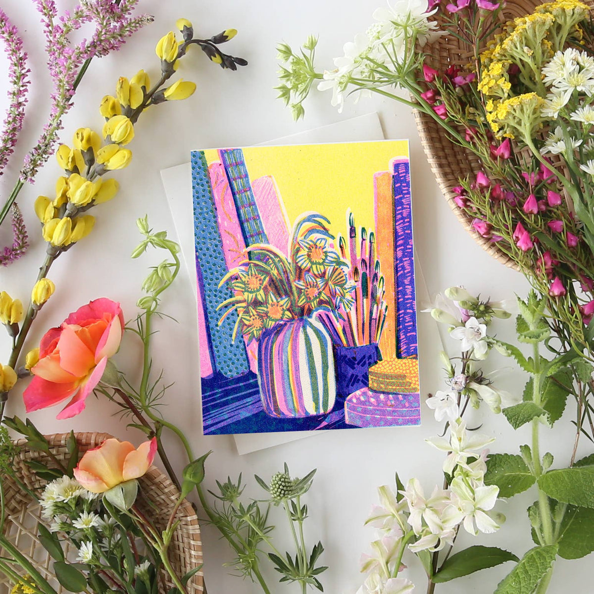 Still Life with Books and Flowers #3 Everyday Risograph Card
