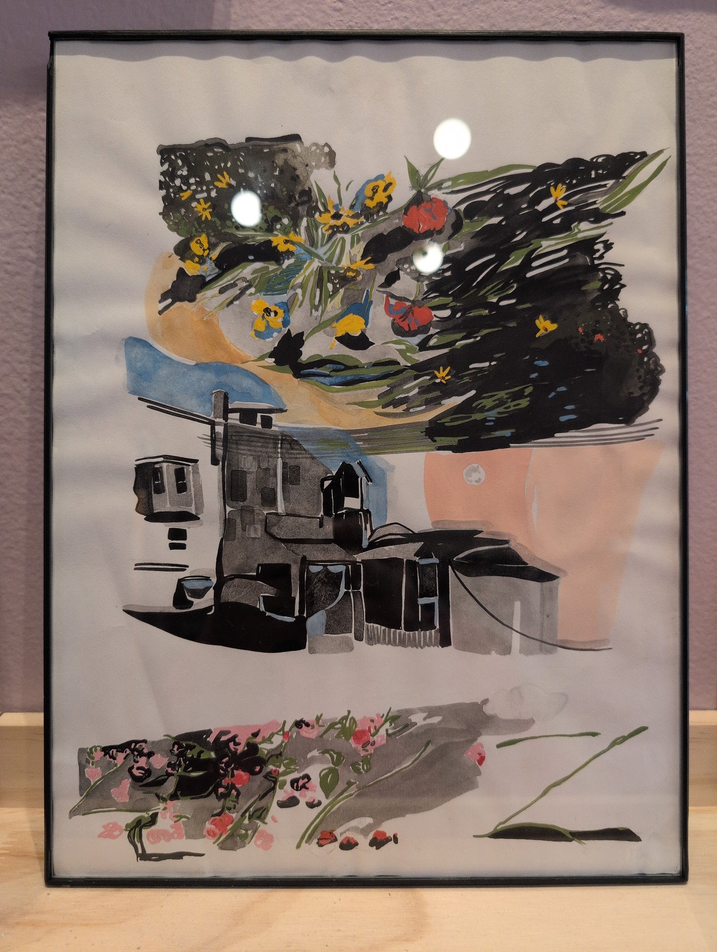 Abstract artwork with black, white, and colorful elements on a textured surface.