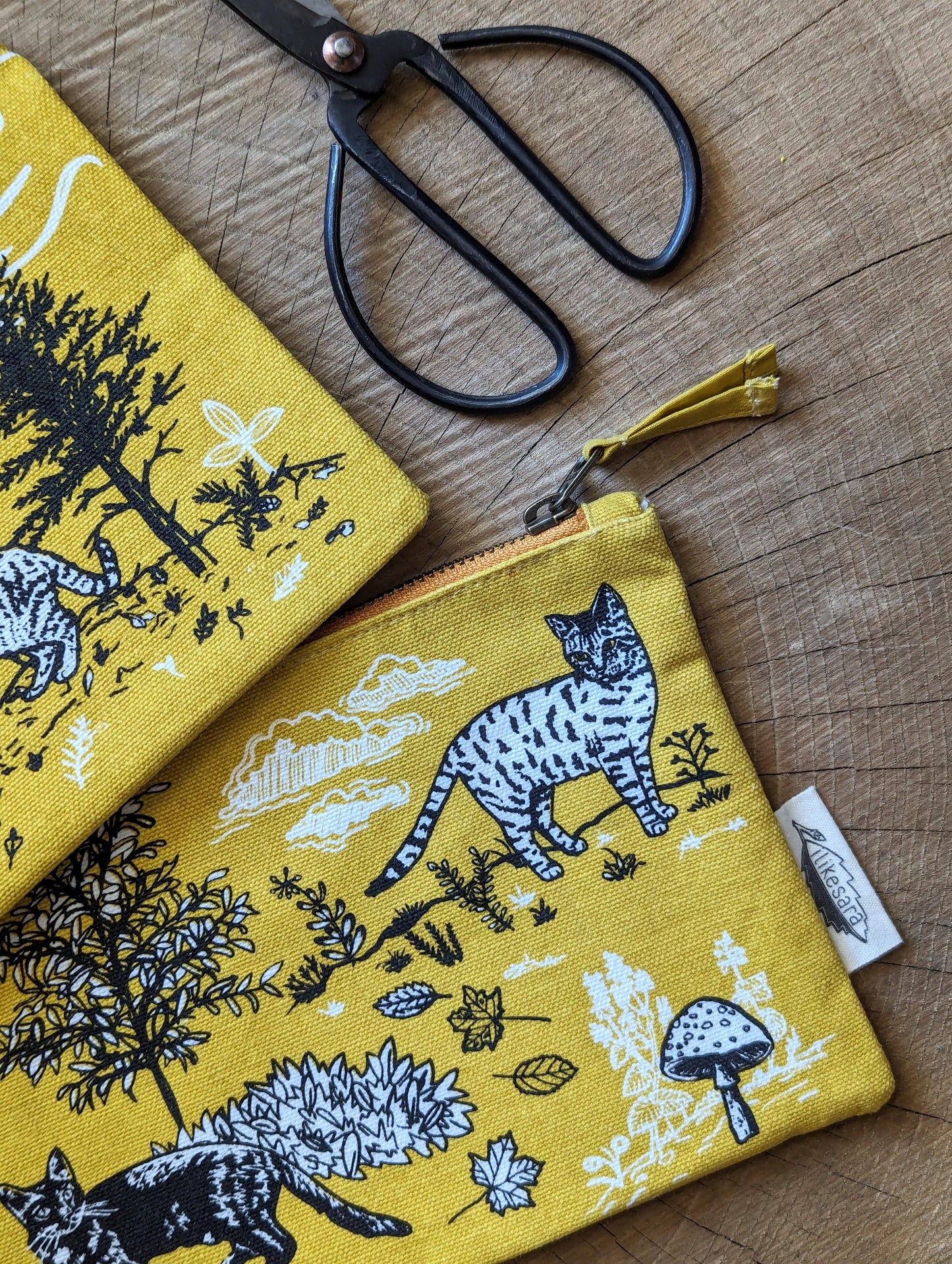Zippered pouch | outside cats - yellow nature kitty pencil, supply, makeup bag with waterproof lining