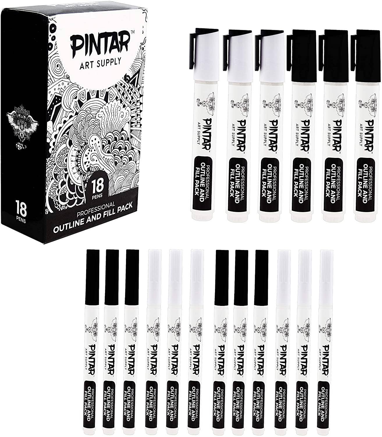 PINTAR Art Supply Professional Outline & Fill Pack - Set of 18 Black/White Paint Markers (6) 0.7mm (6) 1mm (6) 5mm Tips - Smooth-Flowing Japanese Ink