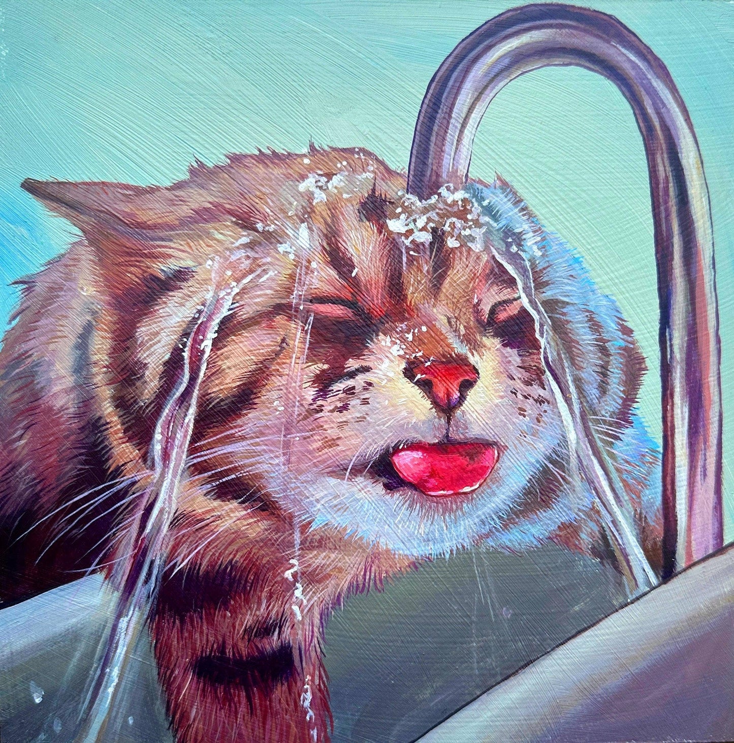 Art Print: Thirsty Kitty Funny Sink Water Cat Decor