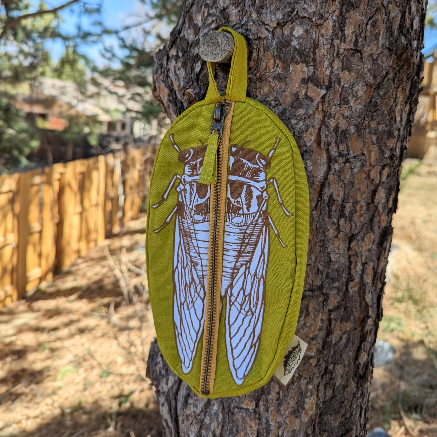 Zippered pouch | cicada - yellow & brown bug/insect pencil, supply, makeup bag with waterproof lining