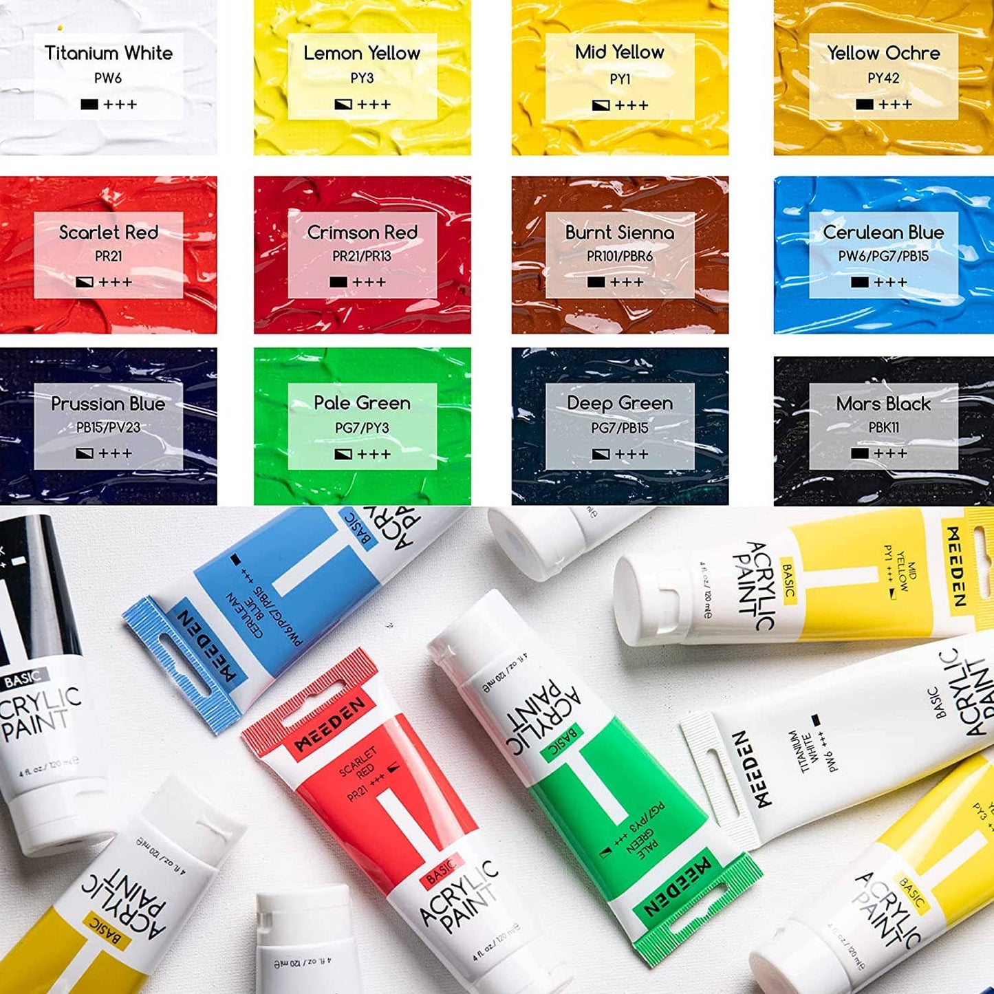 MEEDEN 12-color Acrylic Paint, 120 ml/4 oz Tubes Heavy Body Acrylic Paint Set