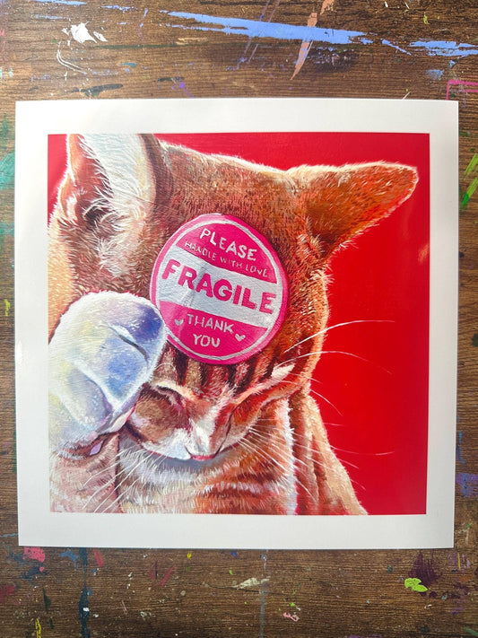 Fragile Orange Cat Art Print, Cute Orange Kitty Poster