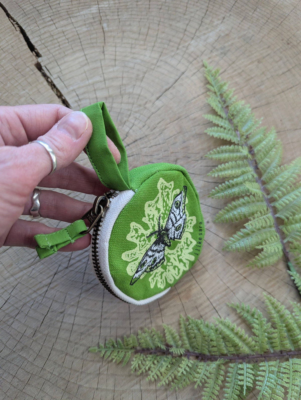 Coin pouch | moth - green zipper bag with waterproof lining