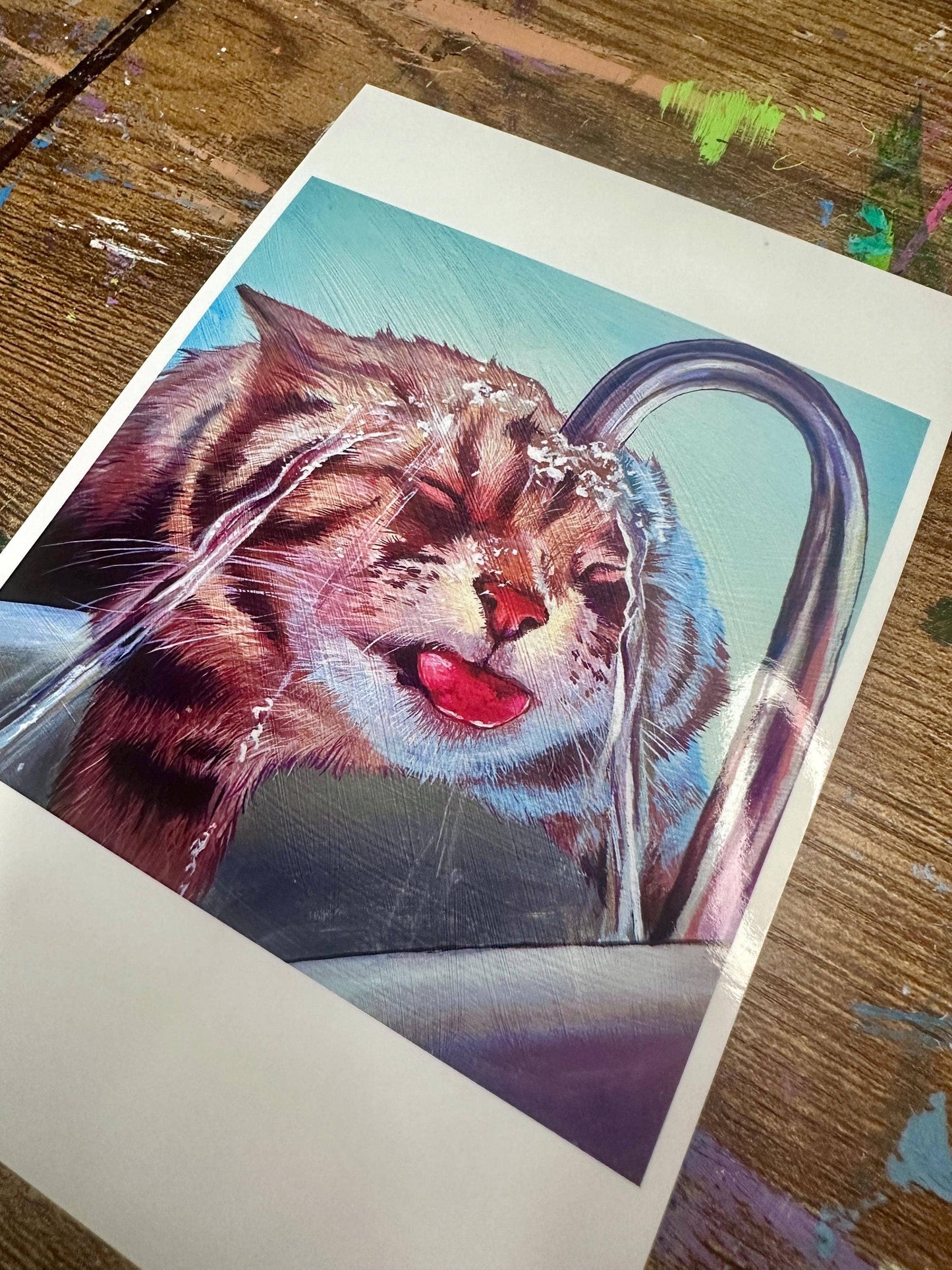 Art Print: Thirsty Kitty Funny Sink Water Cat Decor