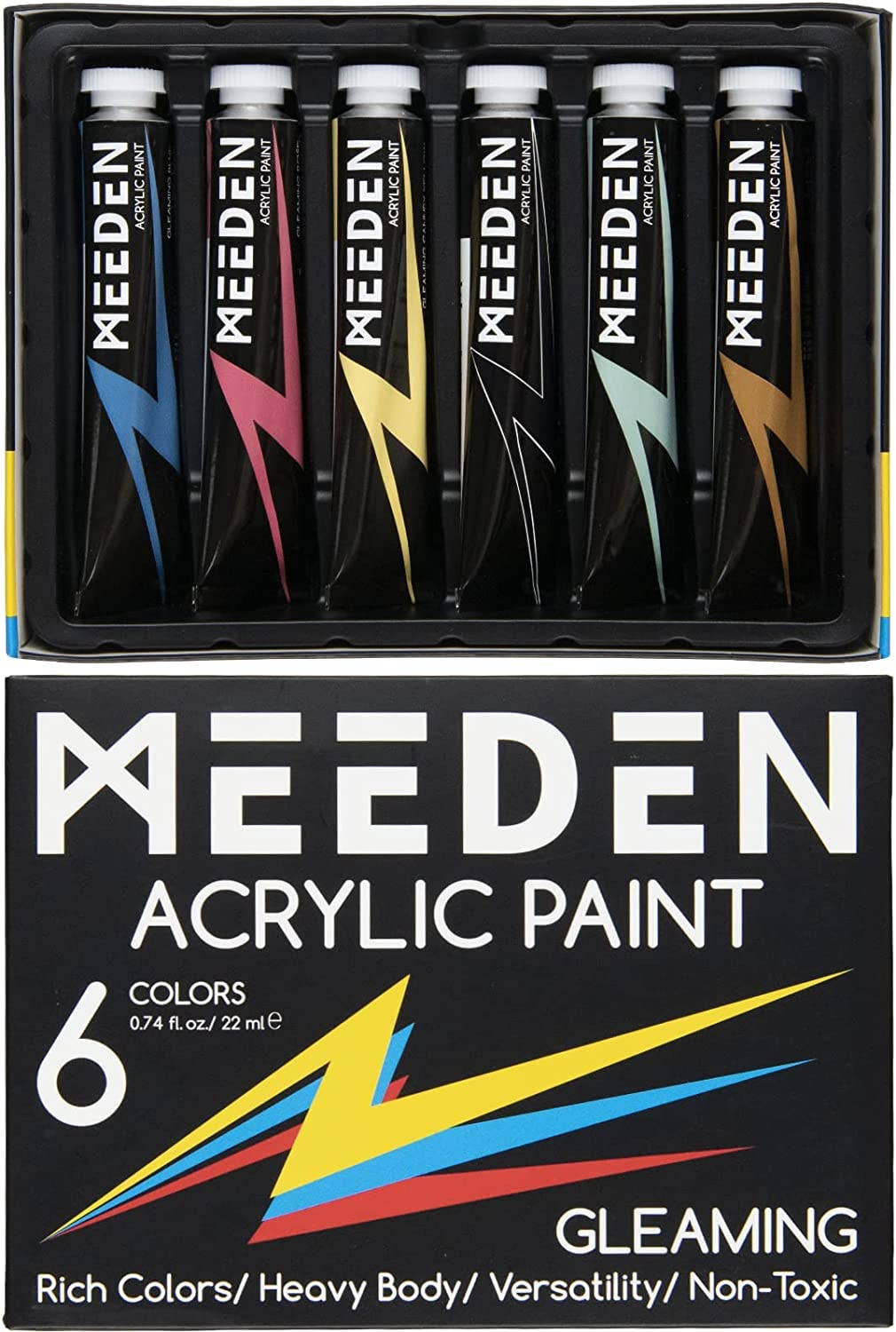 MEEDEN Glitter Acrylic Paint Medium, 6 Tubes 22ml/0.74oz High Viscosity Shimmer Paints, Art Craft Paints with Glitter, Iridescent Paints for Canvas, Wood & Rock, Art Supplies for Artists Beginners