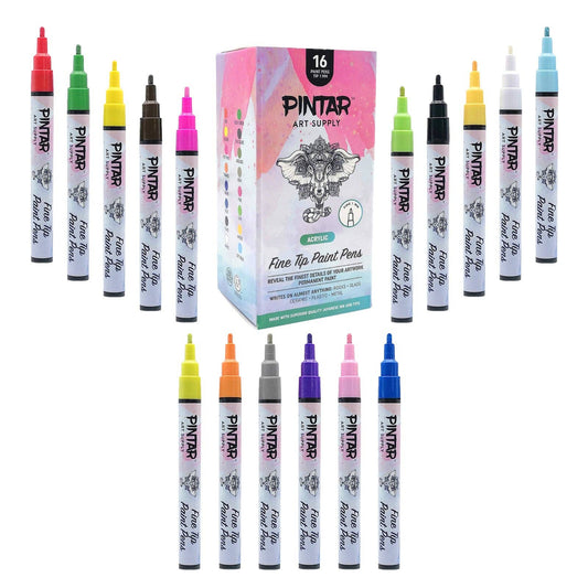 PINTAR Premium Acrylic Paint Pens - 1mm Fine Tip Pens For Rock Painting, Ceramic Glass, Wood, Paper, Fabric & Porcelain, Water Resistant Paint Set, Surface Pen, Craft Supplies, DIY Project (16 colours)