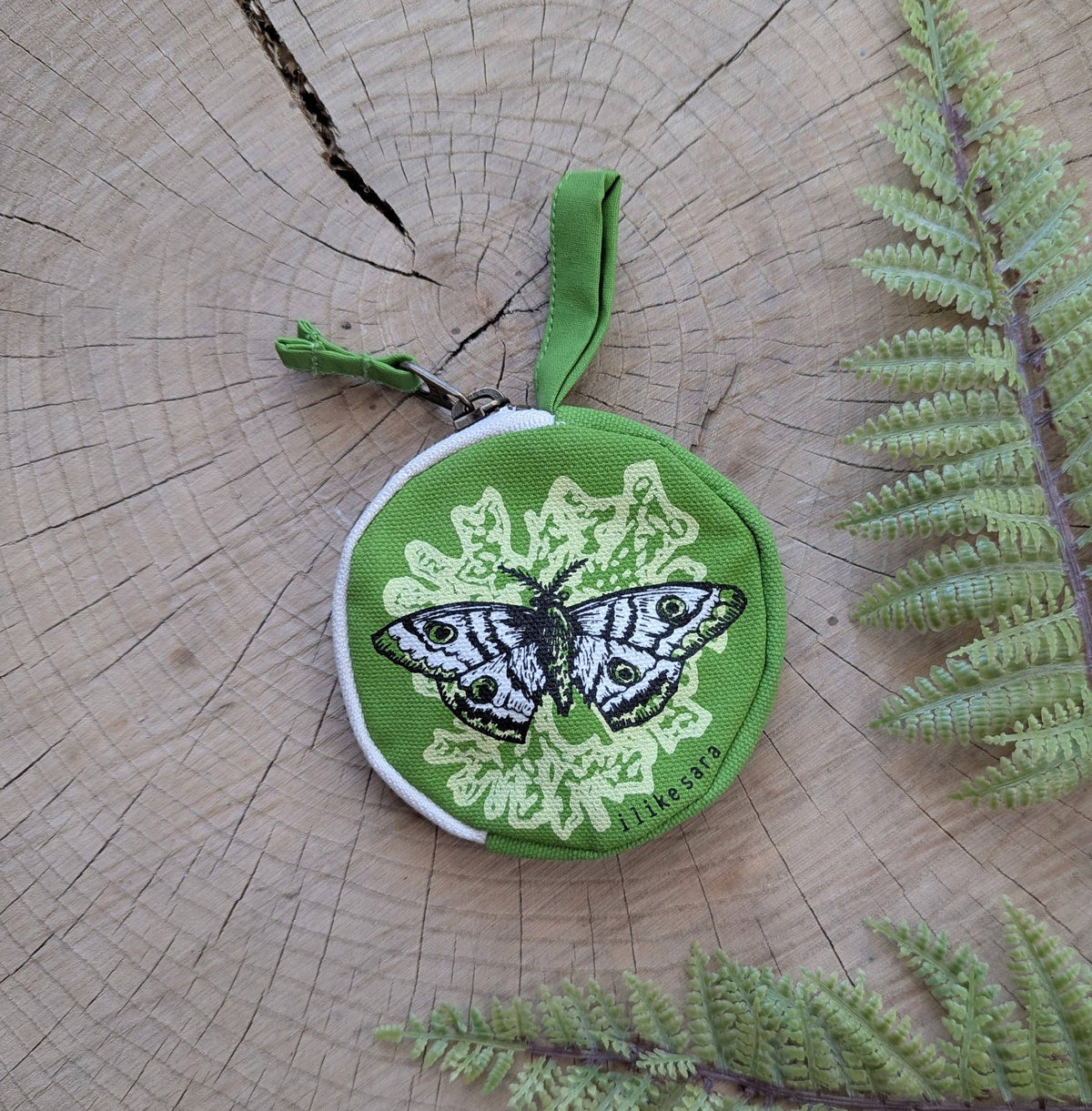 Coin pouch | moth - green zipper bag with waterproof lining
