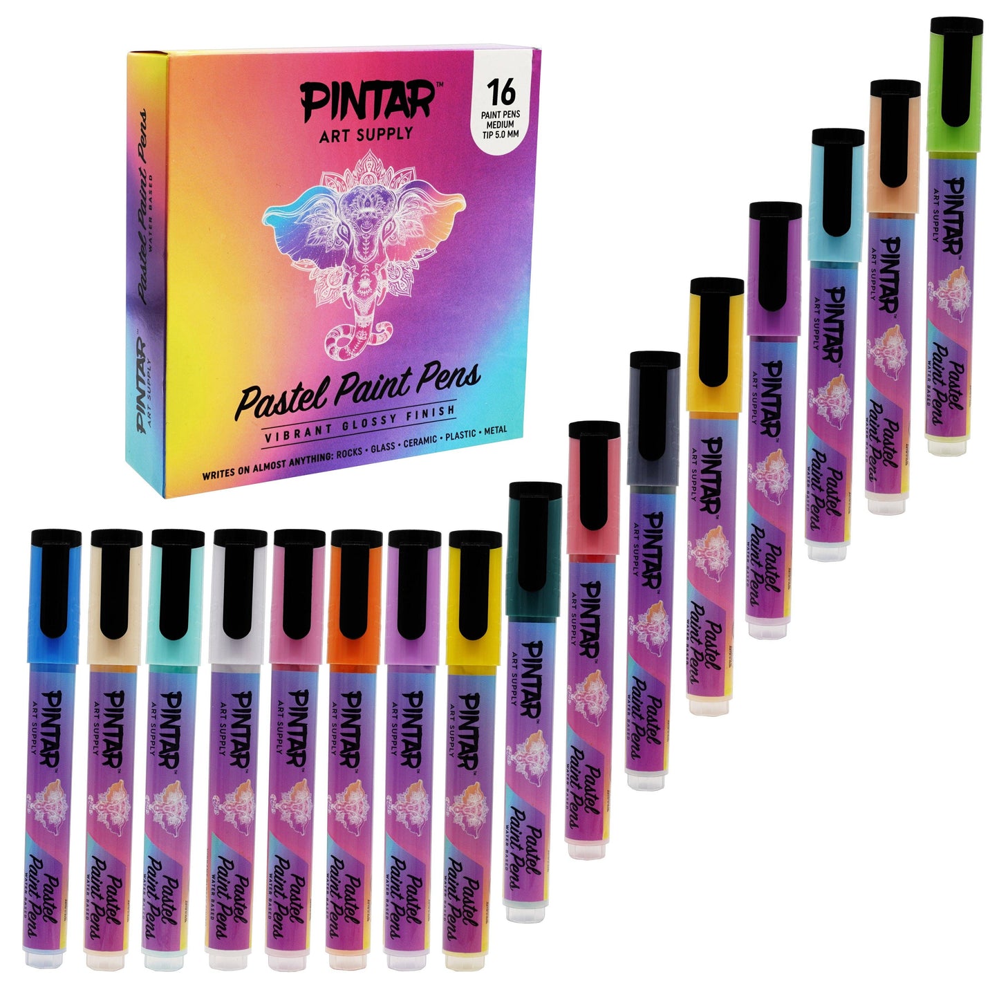 PINTAR Art Supply 16 Pack Acrylic Premium Vibrant Pastel Paint Pens Medium Tip 5.0mm Tips, Glossy, Japanese Ink Use On Rocks, Glass, Ceramic, Plastic