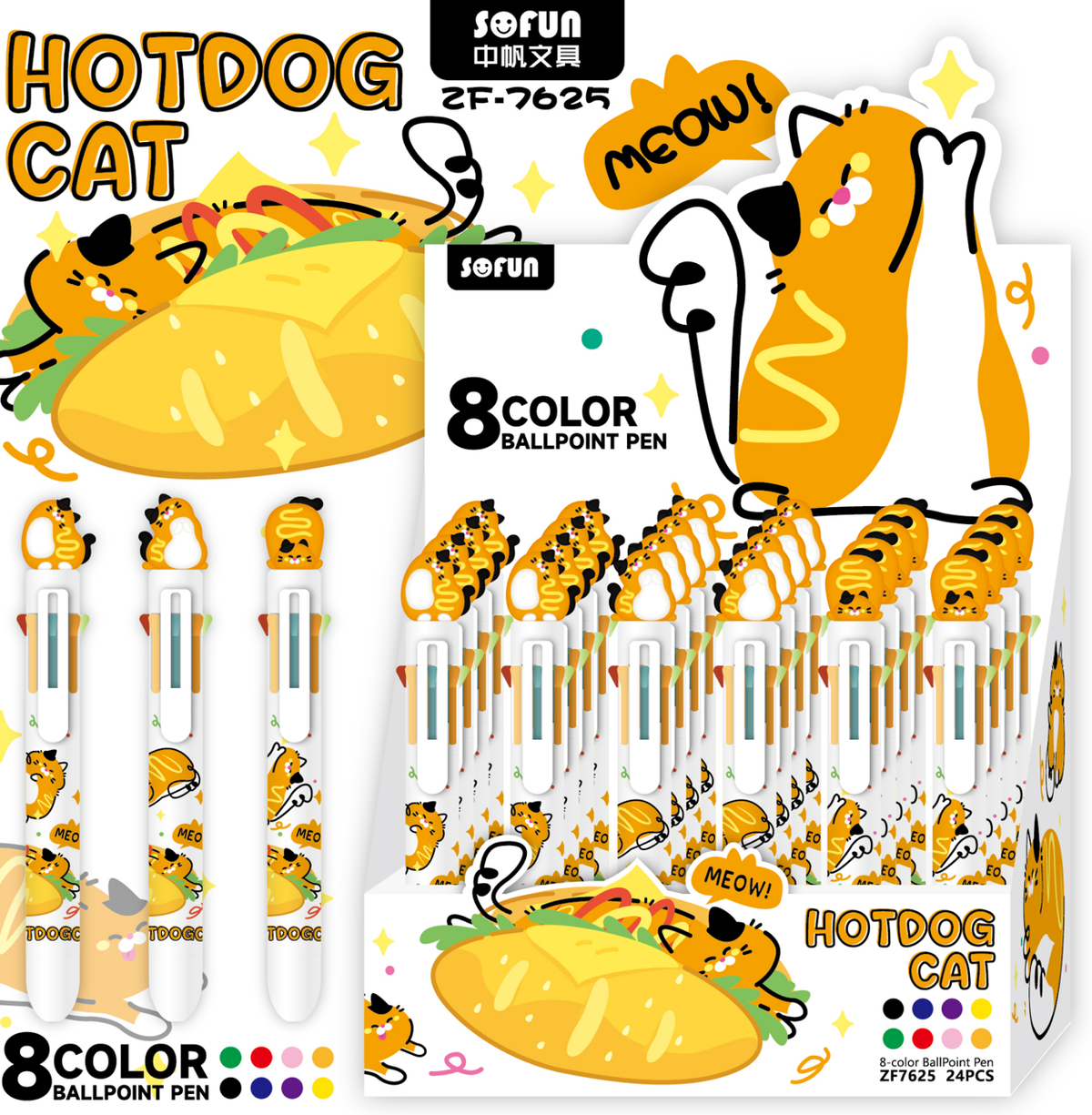 23033 Hot Dog Cats 8-Color Retractable Ball Pen