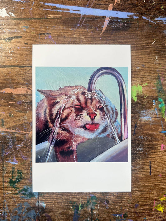 Art Print: Thirsty Kitty Funny Sink Water Cat Decor
