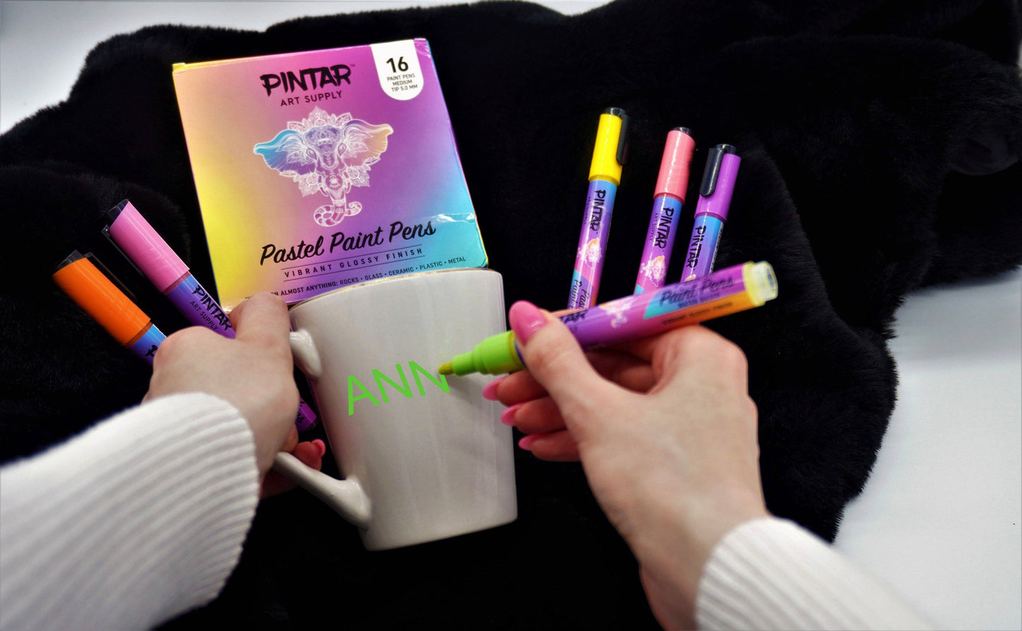 PINTAR Art Supply 16 Pack Acrylic Premium Vibrant Pastel Paint Pens Medium Tip 5.0mm Tips, Glossy, Japanese Ink Use On Rocks, Glass, Ceramic, Plastic