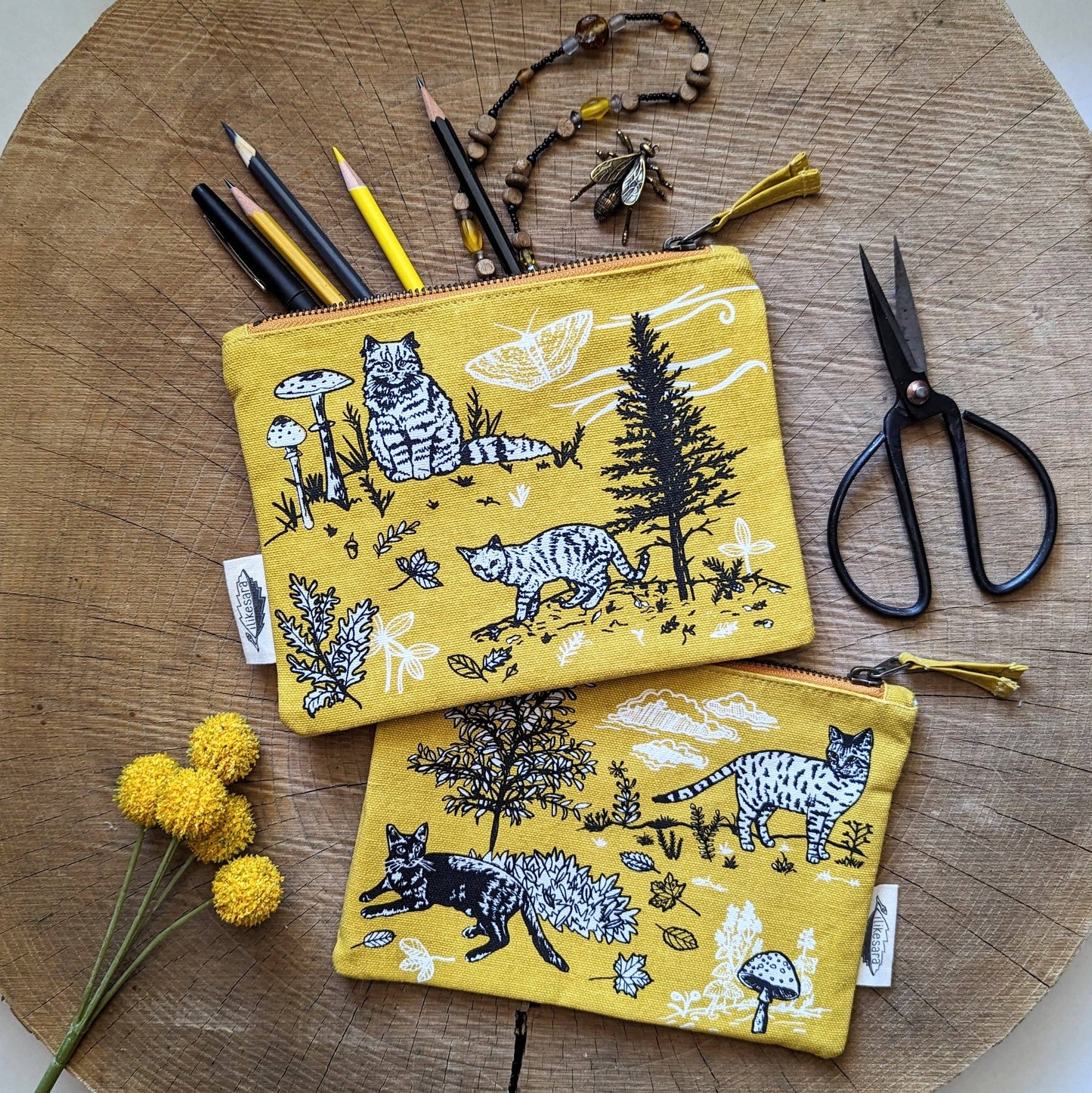 Zippered pouch | outside cats - yellow nature kitty pencil, supply, makeup bag with waterproof lining