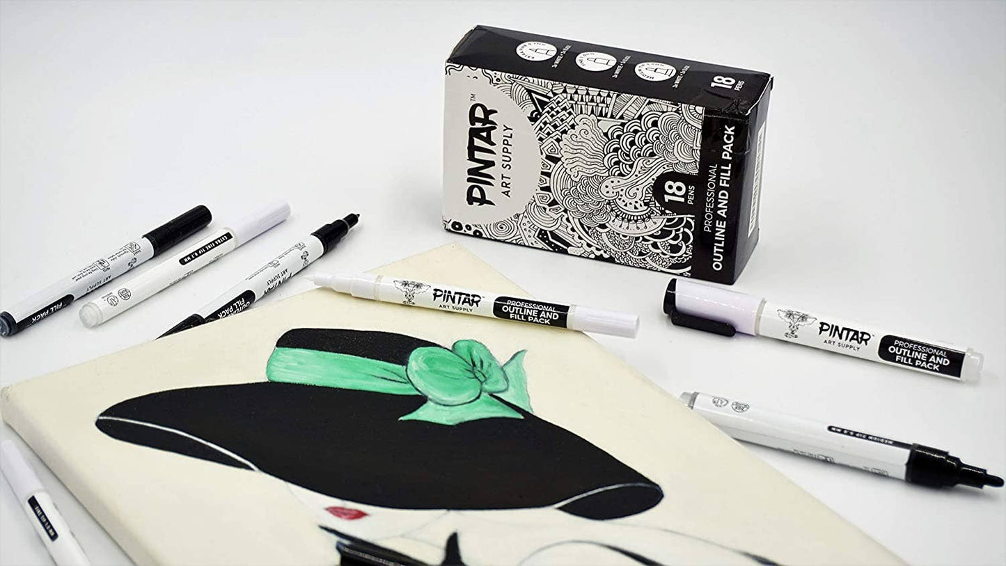 PINTAR Art Supply Professional Outline & Fill Pack - Set of 18 Black/White Paint Markers (6) 0.7mm (6) 1mm (6) 5mm Tips - Smooth-Flowing Japanese Ink