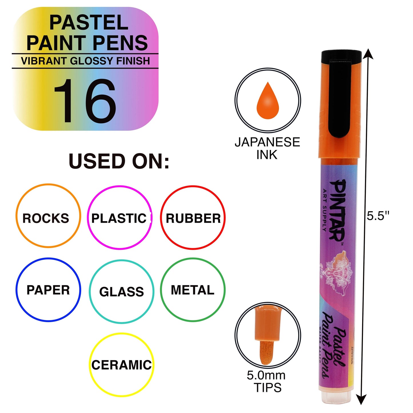 PINTAR Art Supply 16 Pack Acrylic Premium Vibrant Pastel Paint Pens Medium Tip 5.0mm Tips, Glossy, Japanese Ink Use On Rocks, Glass, Ceramic, Plastic