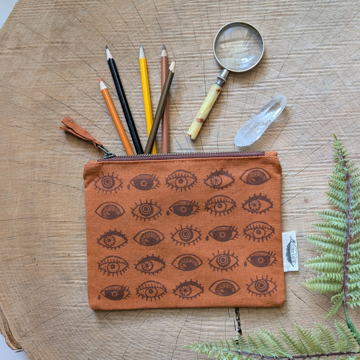 Zippered pouch | eyeball - rust orange eye blockprint pencil, supply, makeup bag with waterproof lining