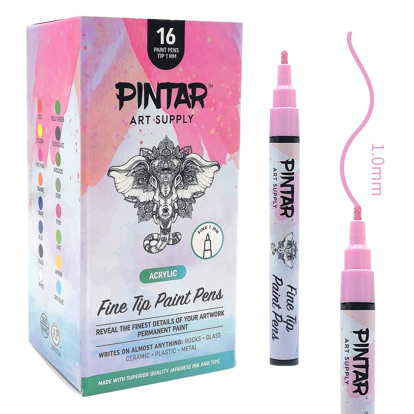 PINTAR Premium Acrylic Paint Pens - 1mm Fine Tip Pens For Rock Painting, Ceramic Glass, Wood, Paper, Fabric & Porcelain, Water Resistant Paint Set, Surface Pen, Craft Supplies, DIY Project (16 colours)