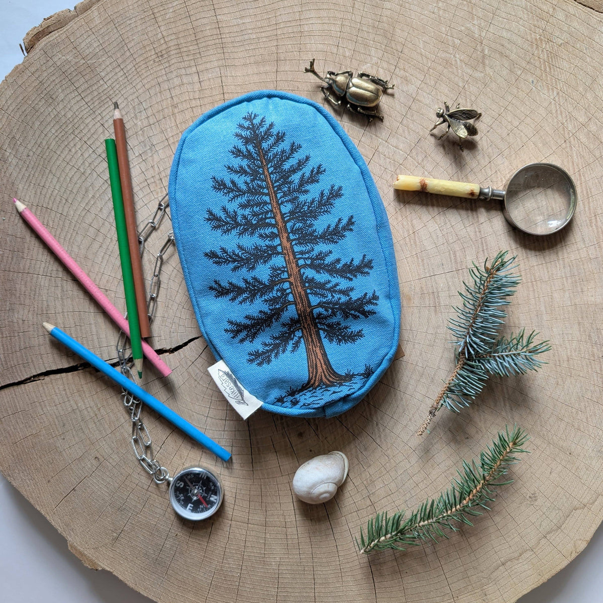 Zippered pouch | eastern white pine - blue tree/forest pencil, supply, makeup bag with waterproof lining