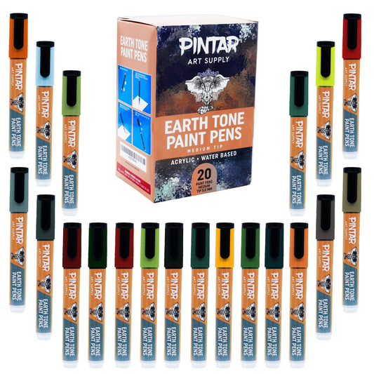 Pintar Earth Tone Paint Pens 5.0MM 20 Pack Marker Set with Medium Tip | Paint on Rocks, Canvas, Glass, Ceramics, Plastic, Fabric, Porcelain | Quick-Dry Action Tip Markers, Water-Based Formula