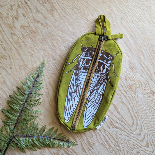 Zippered pouch | cicada - yellow & brown bug/insect pencil, supply, makeup bag with waterproof lining