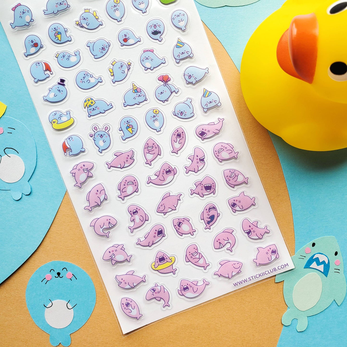 Kawaii Seals & Sharks Sticker Sheet