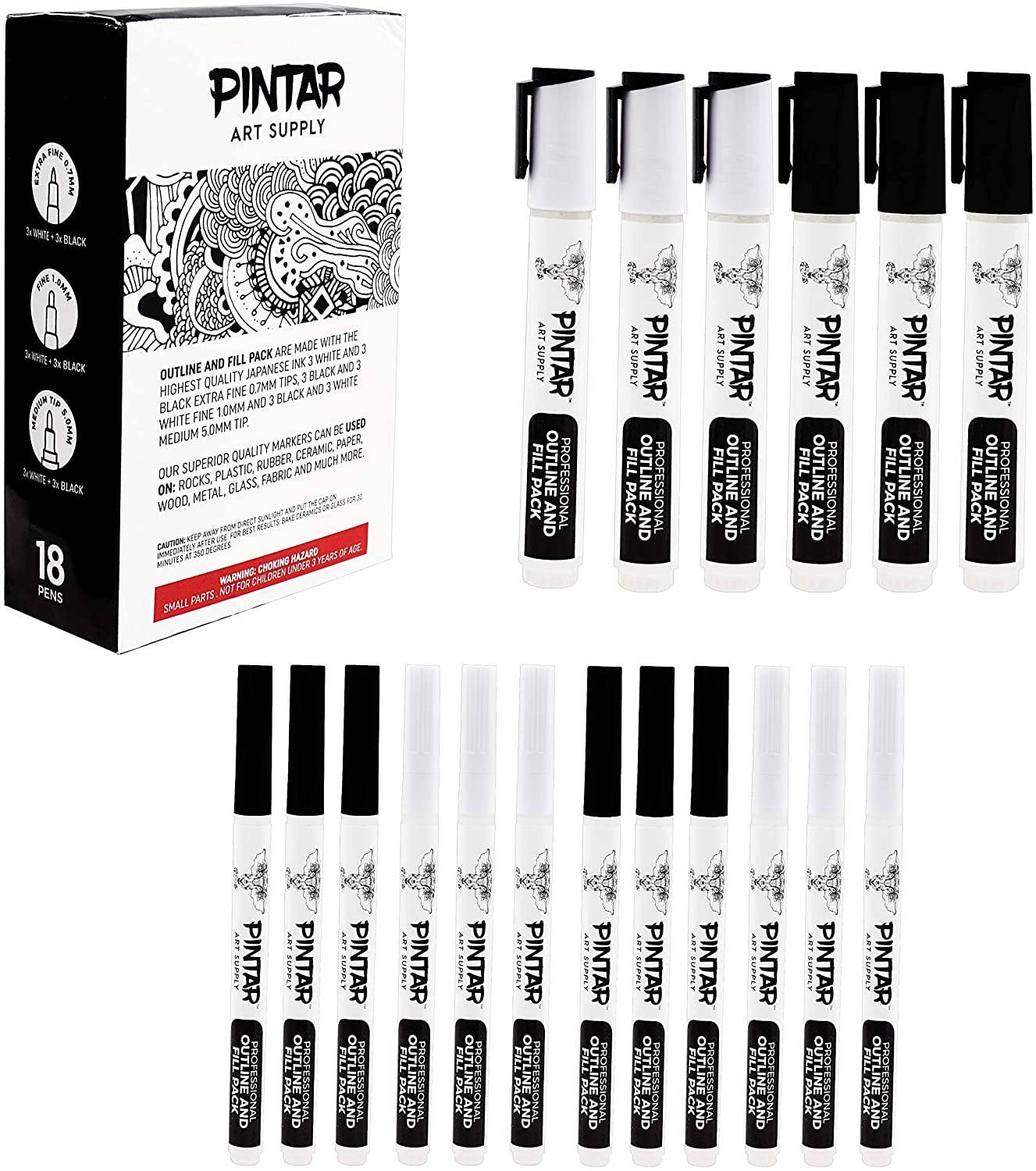 PINTAR Art Supply Professional Outline & Fill Pack - Set of 18 Black/White Paint Markers (6) 0.7mm (6) 1mm (6) 5mm Tips - Smooth-Flowing Japanese Ink