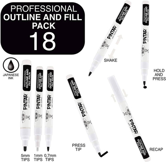 PINTAR Art Supply Professional Outline & Fill Pack - Set of 18 Black/White Paint Markers (6) 0.7mm (6) 1mm (6) 5mm Tips - Smooth-Flowing Japanese Ink