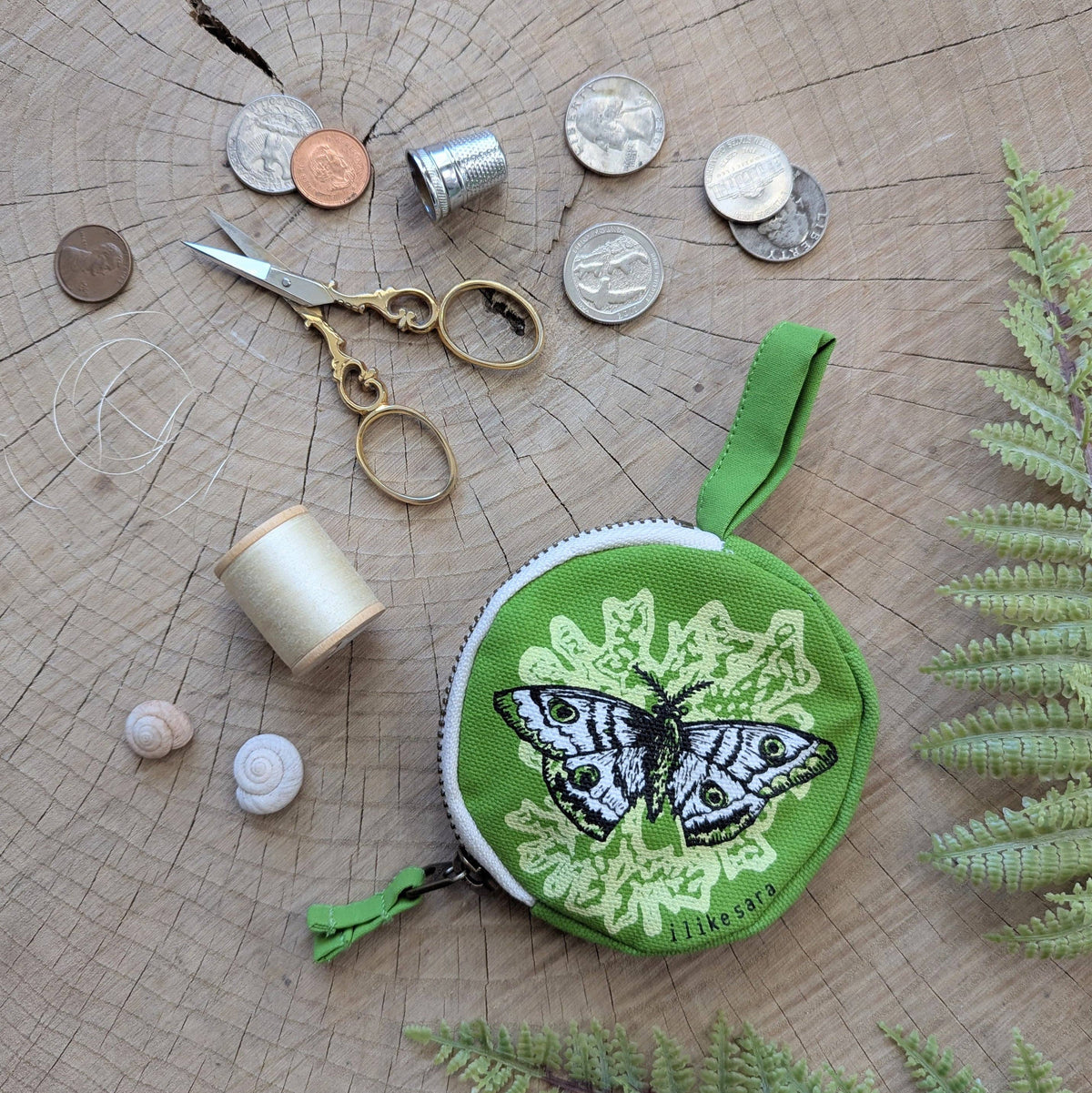 Coin pouch | moth - green zipper bag with waterproof lining