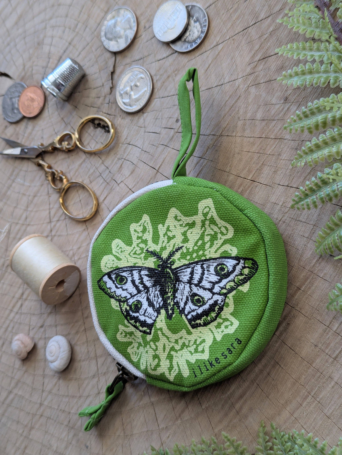 Coin pouch | moth - green zipper bag with waterproof lining