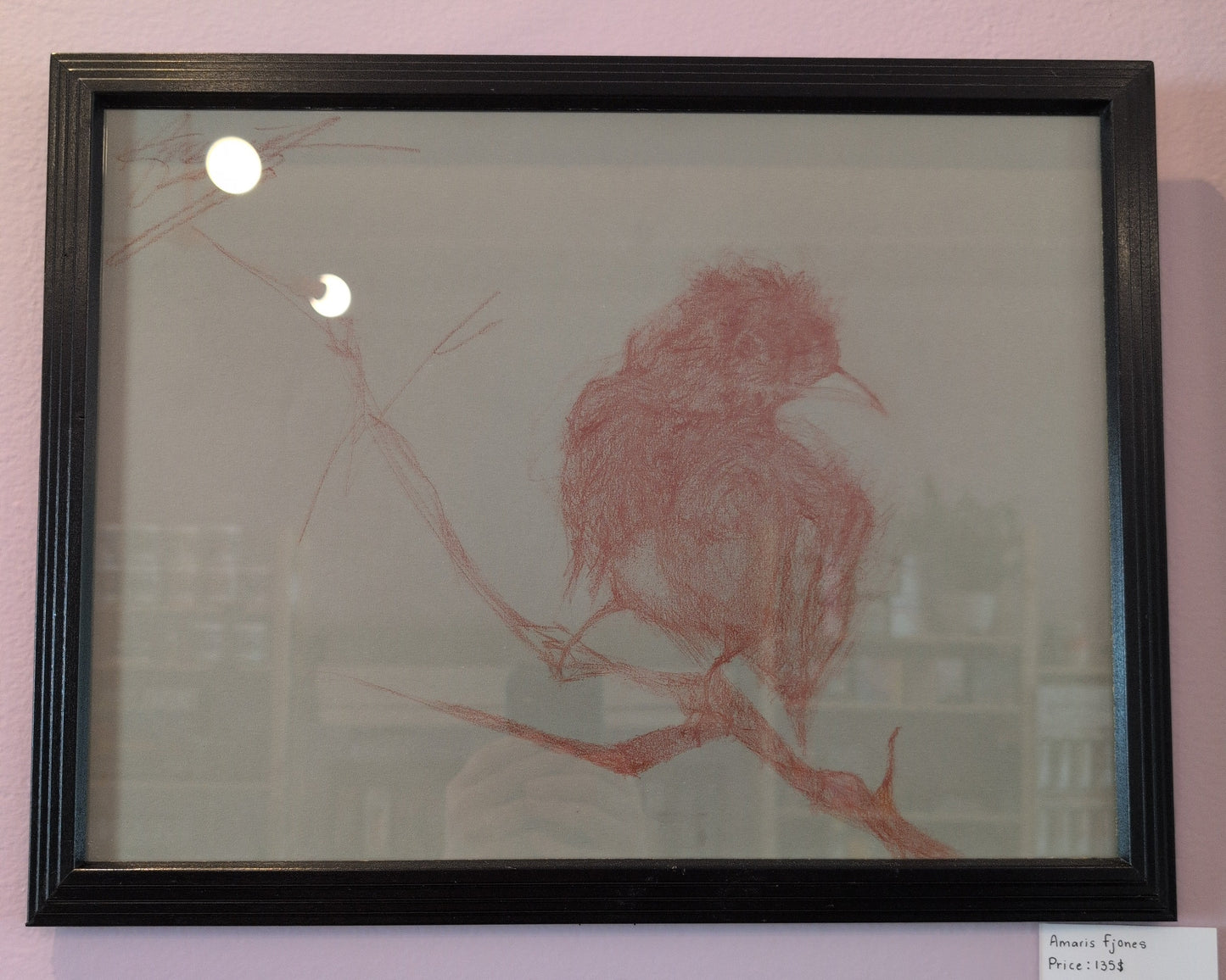 Framed artwork of a red bird on a pink wall with other artworks.